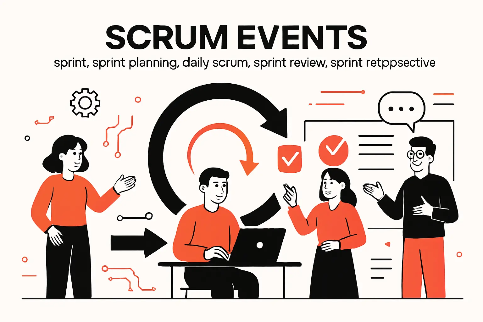Scrum events: sprint, sprint planning, daily scrum, sprint review, sprint retrospective