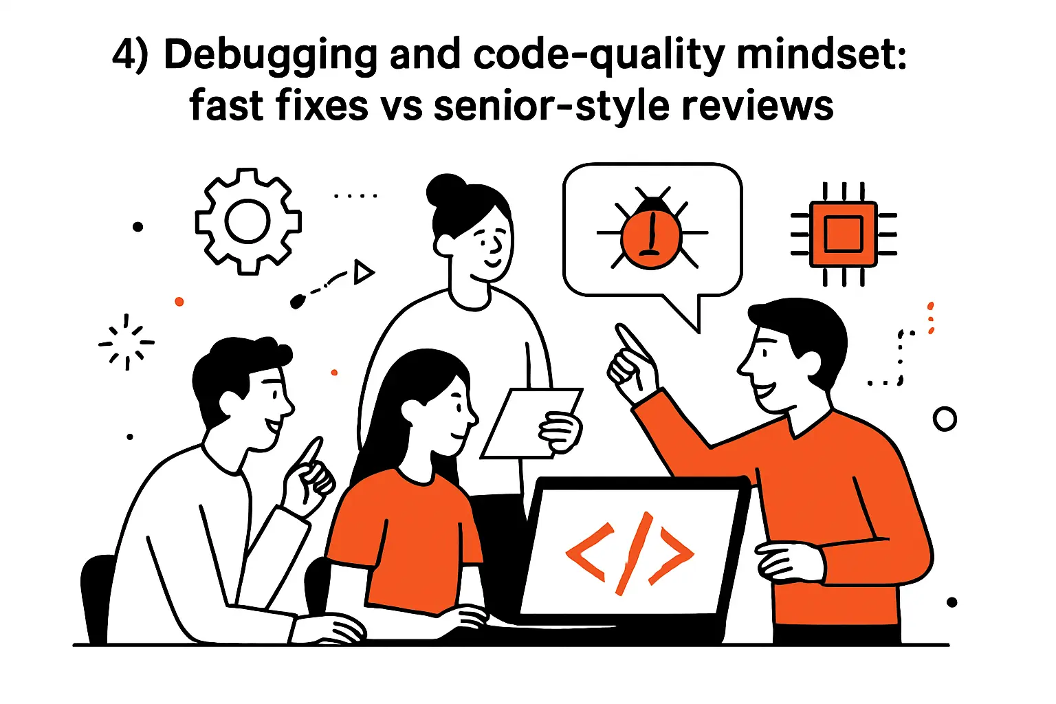 4) Debugging and code-quality mindset: fast fixes vs senior-style reviews