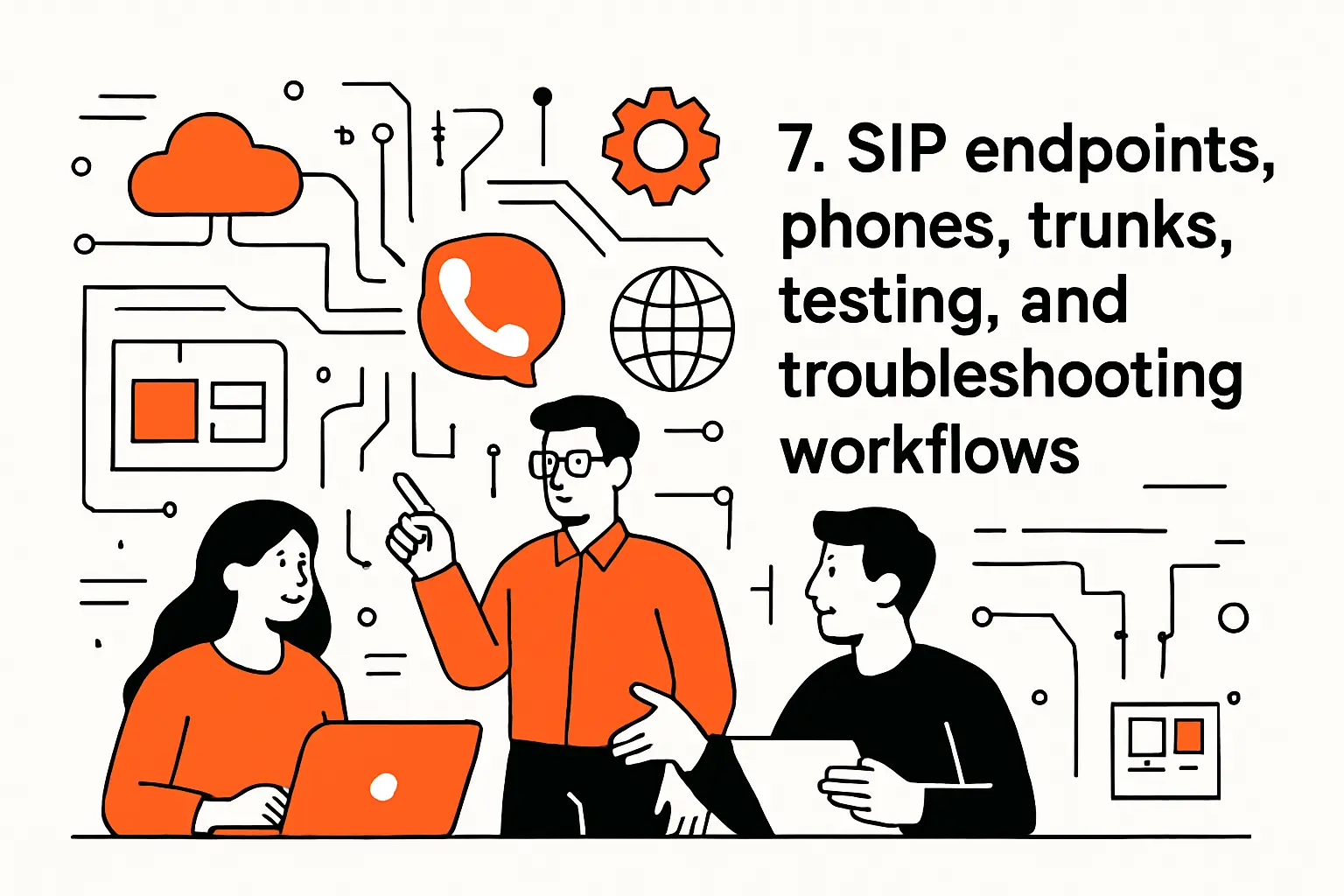 7. SIP endpoints, phones, trunks, testing, and troubleshooting workflows