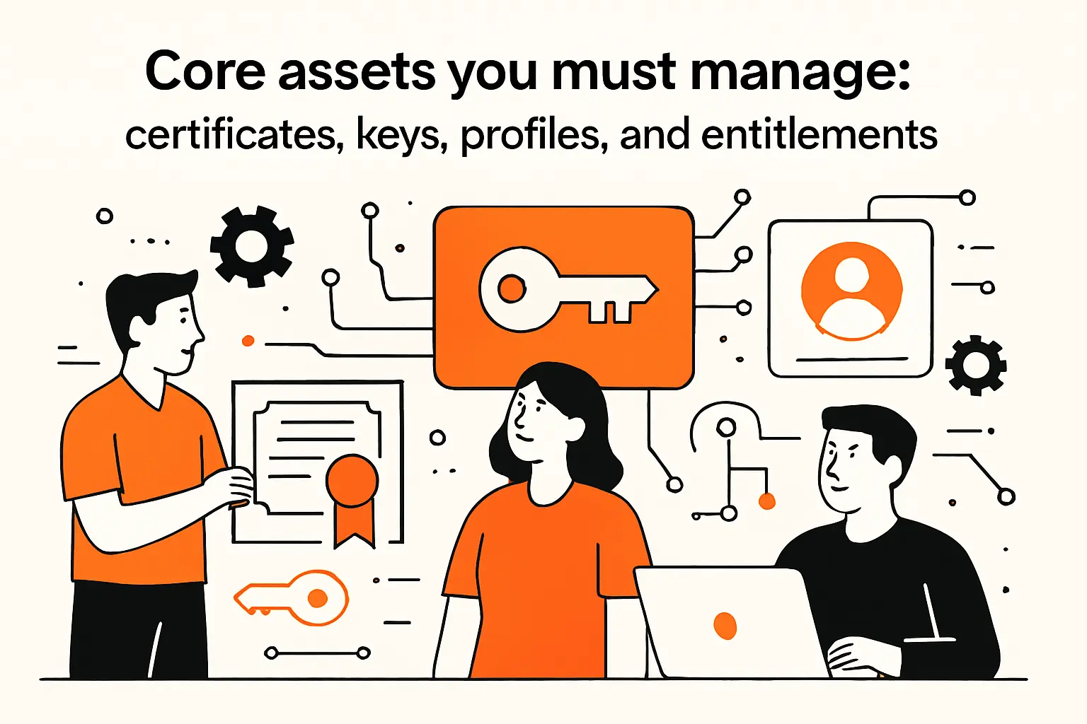 Core assets you must manage: certificates, keys, profiles, and entitlements