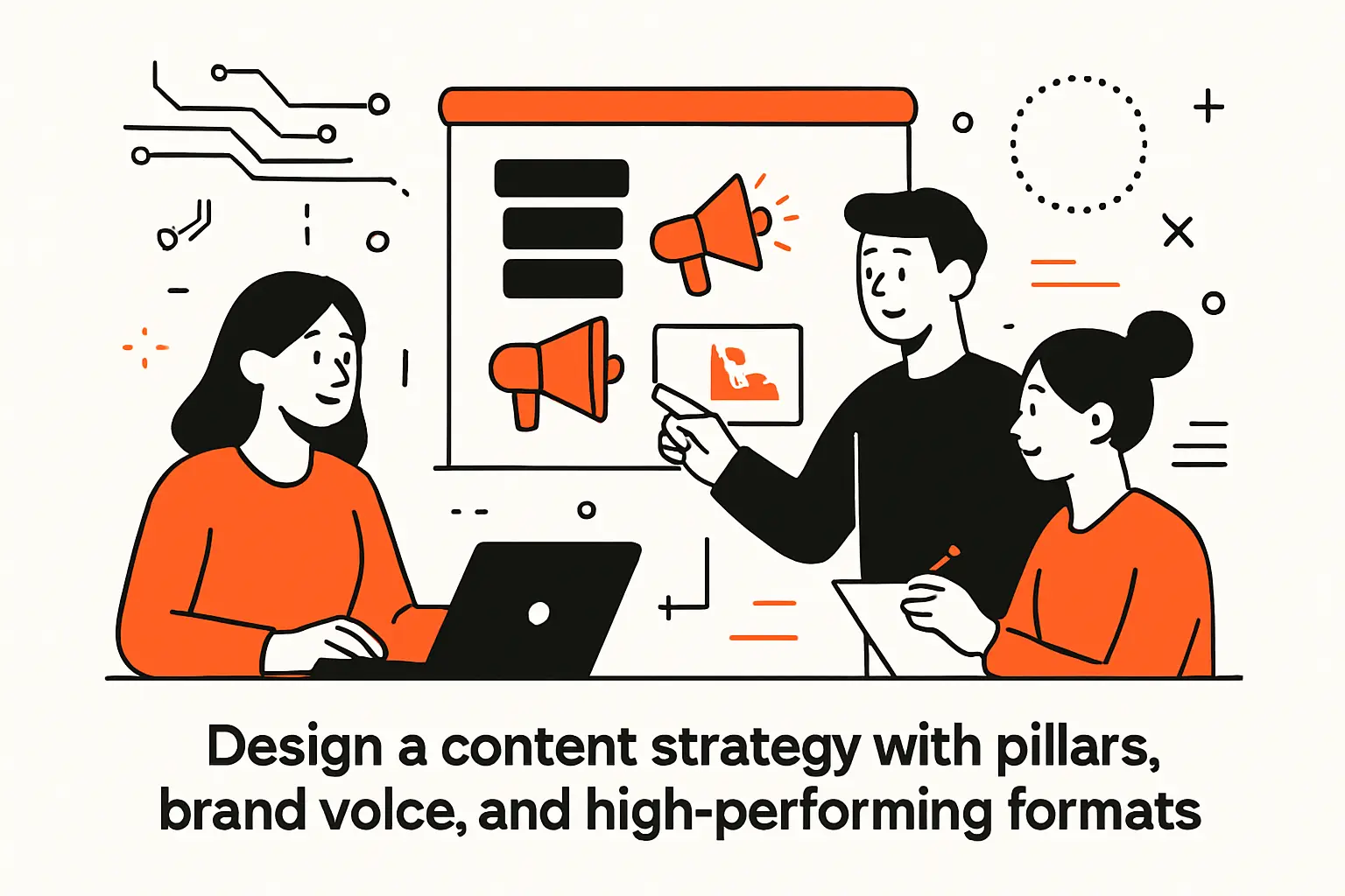 Design a content strategy with pillars, brand voice, and high-performing formats