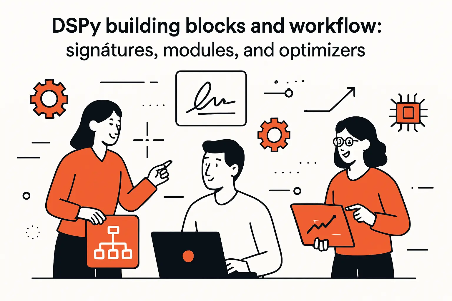 DSPy building blocks and workflow: signatures, modules, and optimizers