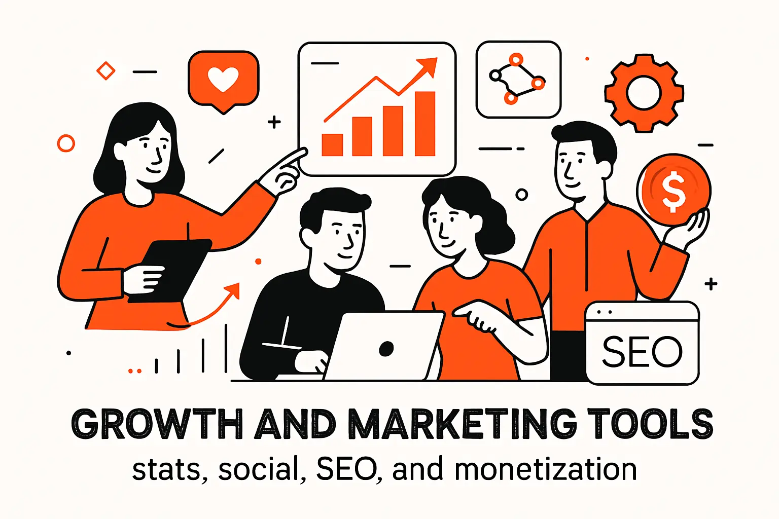 Growth and marketing tools: stats, social, SEO, and monetization