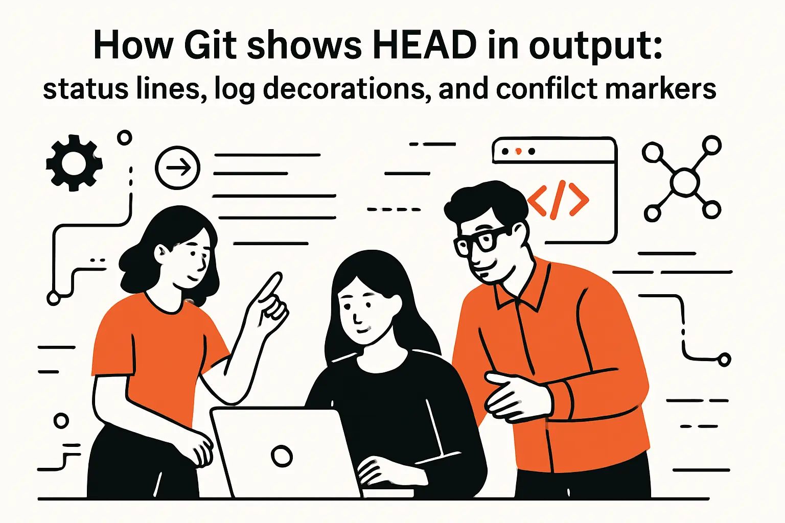 How Git shows HEAD in output: status lines, log decorations, and conflict markers