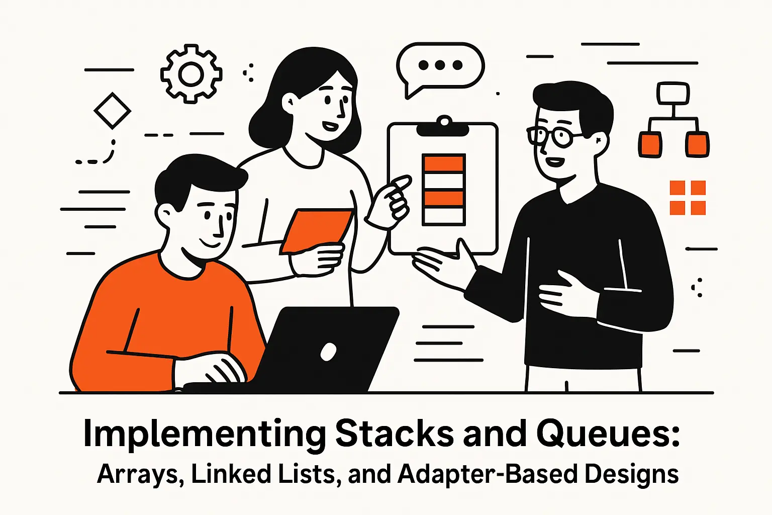 Implementing stacks and queues: arrays, linked lists, and adapter-based designs
