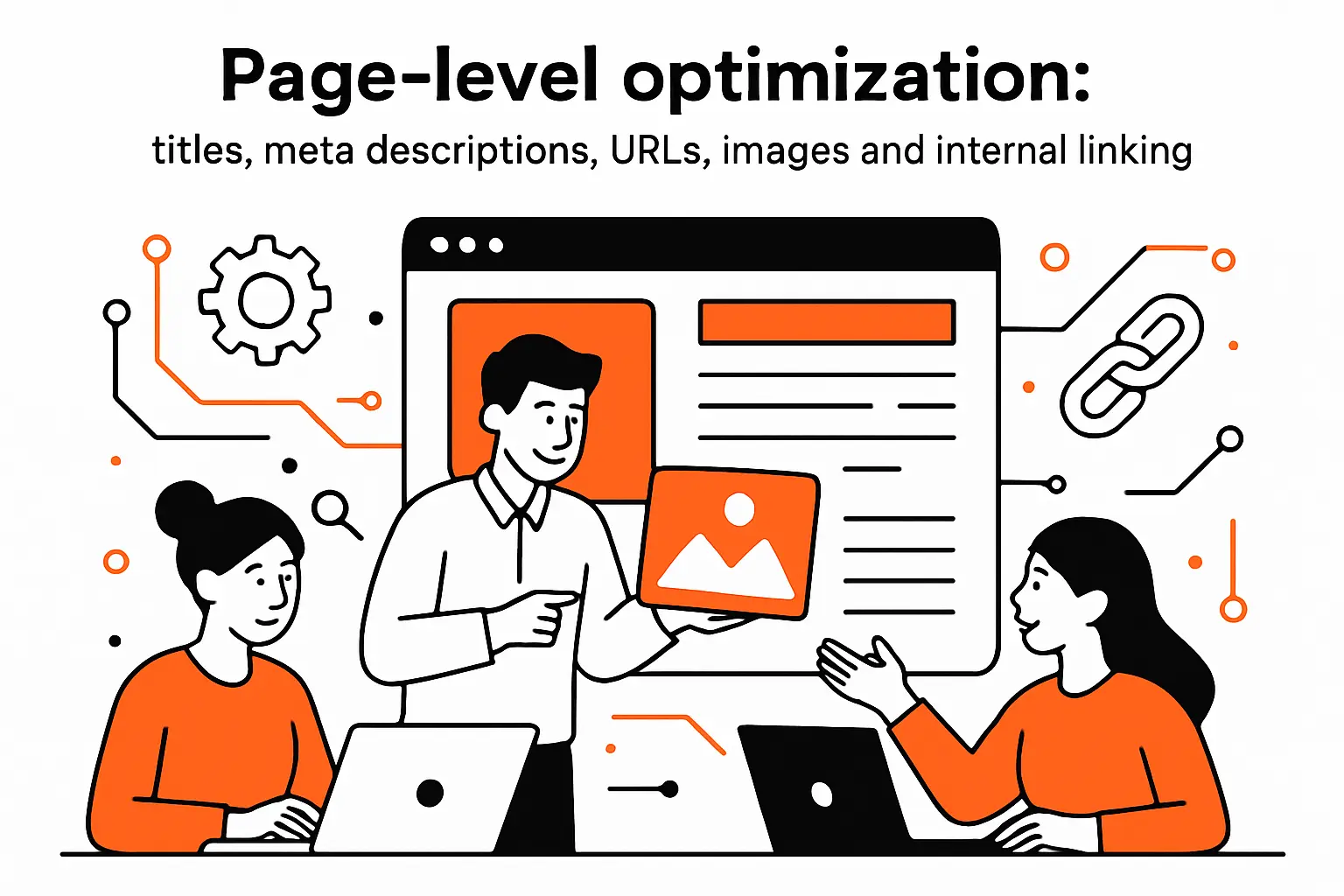 Page-level optimization: titles, meta descriptions, URLs, images, and internal linking