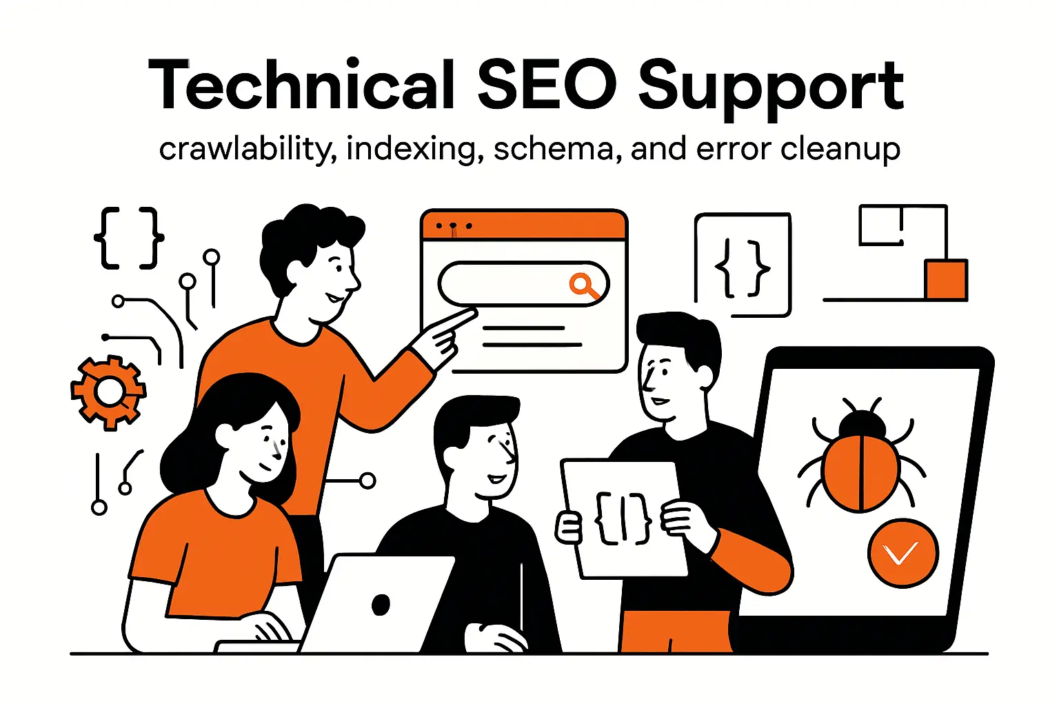 Technical SEO support: crawlability, indexing, schema, and error cleanup