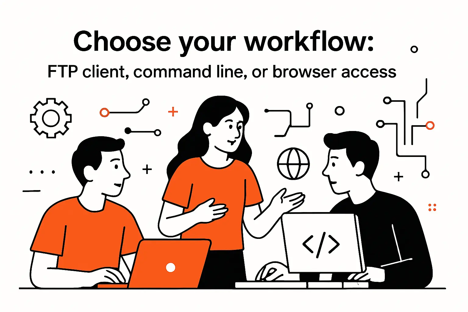 Choose your workflow: FTP client, command line, or browser access