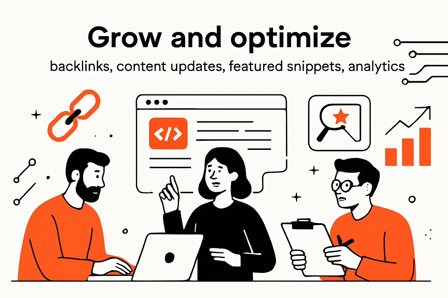 Grow and optimize: backlinks, content updates, featured snippets, and analytics