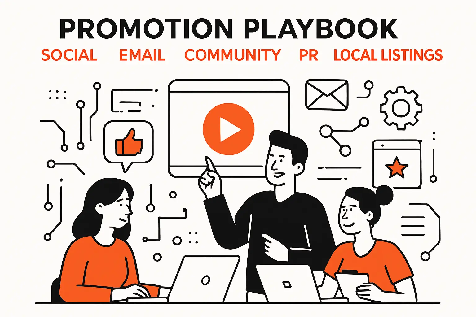 Promotion playbook social email community PR ads and local listings
