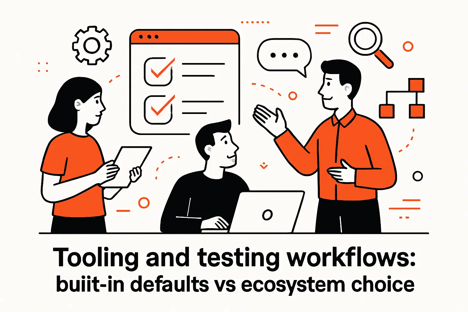 Tooling and testing workflows: built in defaults vs ecosystem choice