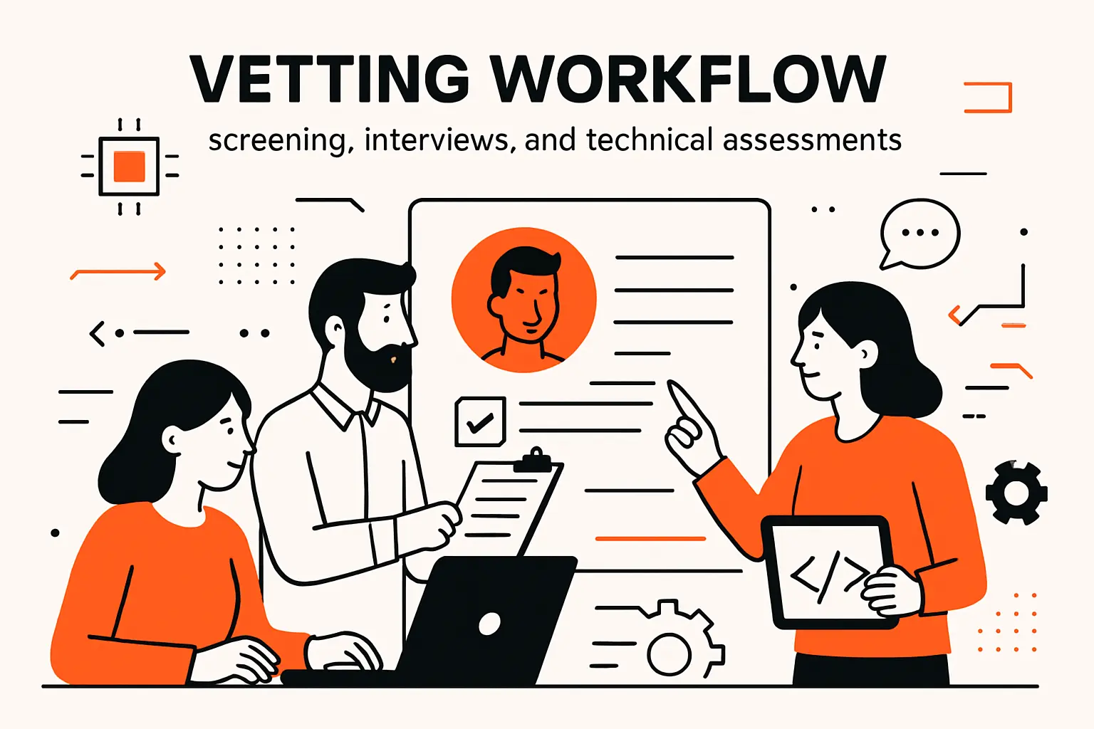 Vetting workflow: screening, interviews, and technical assessments